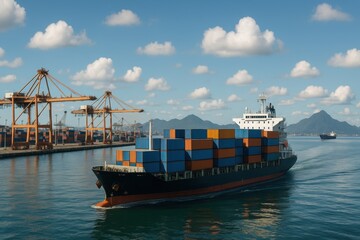 Fototapeta premium Tax impact trade. Cargo ship navigating a harbor filled with containers under a clear blue sky.