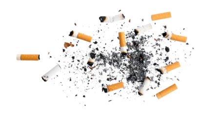 Flying cigarette ash particles isolated on white background