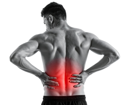 Person experiencing lower back and limb pain holding body in discomfort isolated on white background