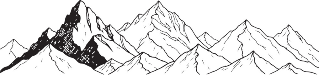 Mountain range illustration in black and white, perfect for backgrounds, adventure themes, and nature designs.