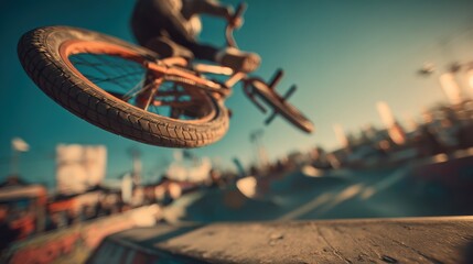 A BMX rider performs a jump at a skatepark, showcasing skill and agility against a vibrant background.