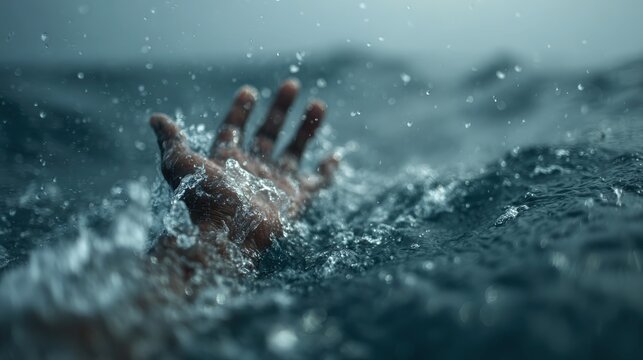 Single hand breaking through rolling waves in a serene slate-blue sea