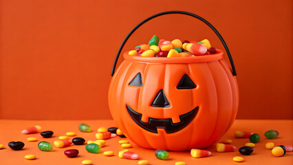 A bright orange plastic pumpkin bucket overflowing with colorful assorted halloween candies scattered on a wooden surface against an orange background