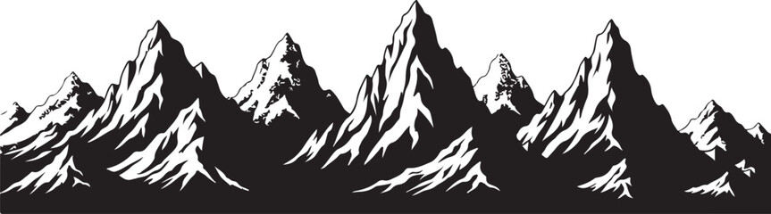Black and white mountain range illustration for backgrounds and design elements, vector