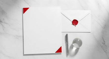 Obraz premium Blank stationery set, letterhead and envelope, with red wax seal, on a marble surface.