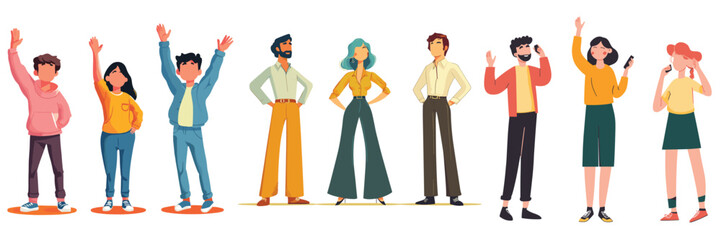 variation set of diverse young people cheering and raising hands illustration