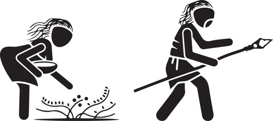 Vector art of caveman hunting and gathering food isolated on white background