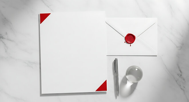 Blank stationery set, letterhead and envelope, with red wax seal, on a marble surface.
