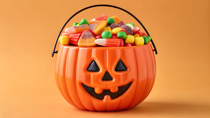 A classic orange plastic jack o lantern bucket overflowing with a colorful assortment of halloween candies against a plain orange background
