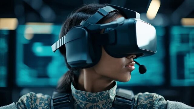 Young woman wearing virtual reality headset in military-style uniform engaged in training