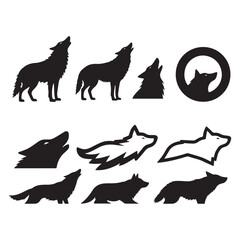 A collection of black and white wolf silhouettes icon on white background.