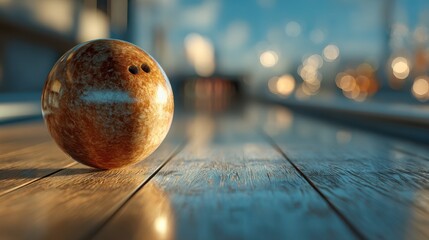 A polished bowling ball rests on a wooden lane, with soft bokeh lights in the background, creating a vibrant, dynamic atmosphere.