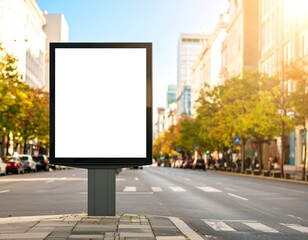 Fototapeta premium Blank vertical advertising billboard mockup on a city street. Empty light box sign for commercial promotion against a sunny urban background.