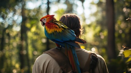 Detailed view of a parrot perched on a person's shoulder the vibrant feathers contrasting with neutral clothing showcasing a close human animal bond with a blurred forest background