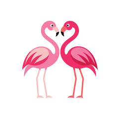 Vector icon of two pink flamingos that join their heads in the shape of a heart and around them they have many hearts