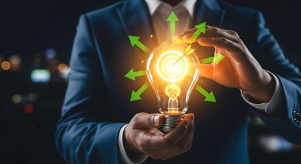 Business innovation strategy: light bulb with target and arrows for success and growth concept