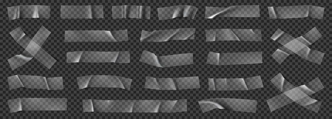 Realistic transparent adhesive tape pieces. Crumpled sticky scotch tape pieces isolated on checkered background. Realistic wrinkled strips and crosses. Duct tapes collection. Vector illustration.