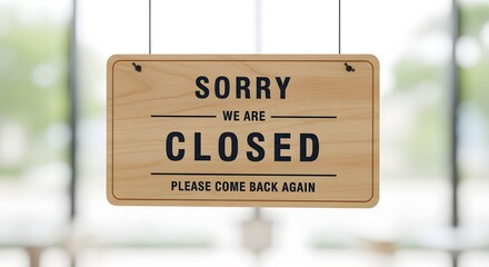 Closed sign hanging business hours store shop door notice wooden sorry come back again retail