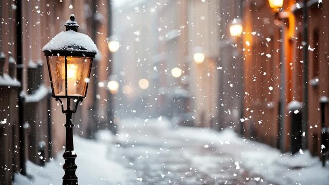 Charming Snowy Street Scene with Vintage Lamp Posts and Soft Falling Snowflakes at Night