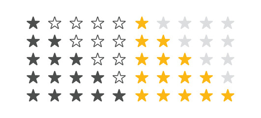 5 star ranking icon set. Five stars review rating vector illustration.  , Product rating or customer review with gold stars  . 