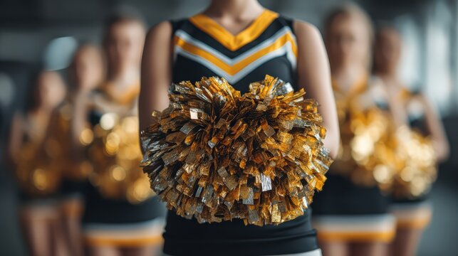 A cheerleader holds a shiny pom-pom, with teammates blurred in the background, capturing the energy of a sports event.
