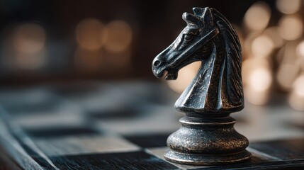 A detailed close-up of a metallic chess knight piece, showcasing its intricate design amidst a blurred chessboard background.