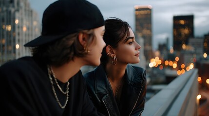 Naklejka premium Young Couple Enjoys Urban View on Rooftop at Sunset with City Lights in Background