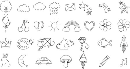Hand-drawn vector set of various cute icons, objects, and symbols in doodle style