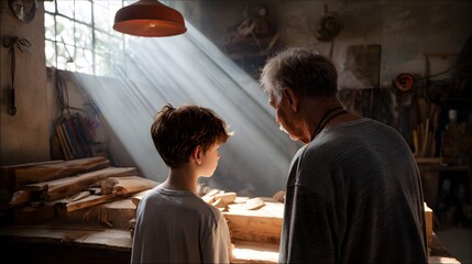 Elderly Craftsman Sharing Woodworking Techniques with Young Boy in Sunlit Workshop