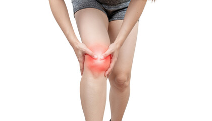 Young athletic woman holding painful knee showing discomfort isolated on white background