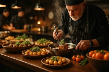 Chef perfects culinary techniques with fresh ingredients in busy kitchen