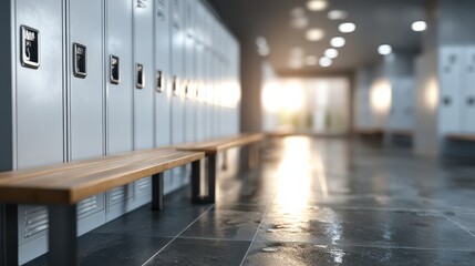 Fototapeta premium A modern hallway featuring metal lockers and wooden benches, illuminated by soft lighting, creating a neat and organized atmosphere.