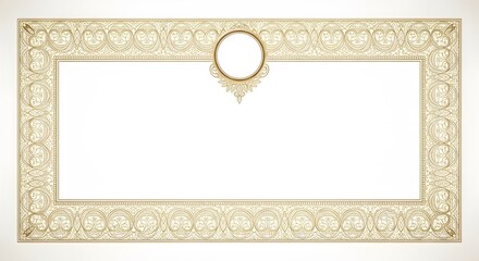 Elegant vintage ornamental frame with intricate golden patterns and a central circular element. Classic decorative border for certificates or invitations.