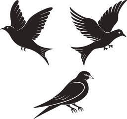 A set of vector bird silhouettes including a flying eagle, dove, and falcon for wildlife illustration design