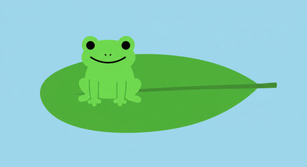 Obraz premium Smiling Green Frog on Leaf Blue Background Minimalist Illustration.