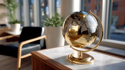 Golden Globe Decorative Item on Marble Table in Modern Office Interior with Natural Light