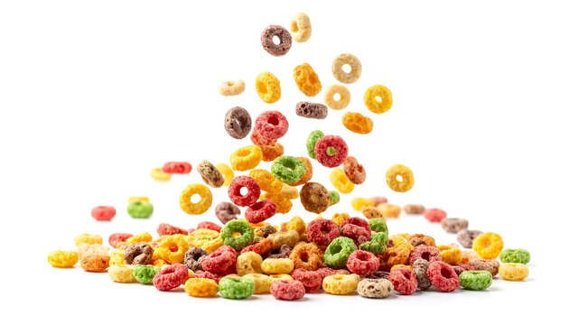 Colorful cereal rings in mid-air and on a surface