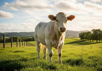 Peaceful meadow scenery featuring a charolais heifer standing in lush pastureland