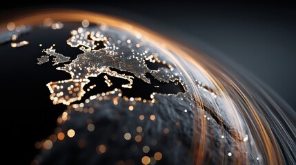 A digital representation of Earth highlighting Europe with glowing lights, showcasing a futuristic view of the planet's surface and atmosphere.