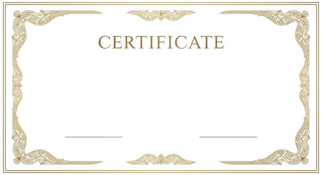 Blank certificate template with a formal, decorative gold border. Elegant design for achievement, completion, or recognition awards.
