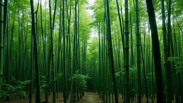 Serene aerial drone footage captures rhythmic swaying bamboo forest in a gentle breeze, showcasing peaceful East Asian landscape symmetry with soft haze.