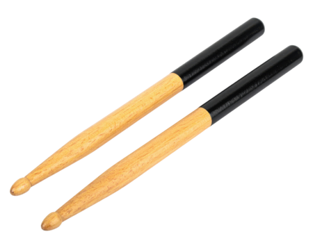 Two wooden drumsticks, featuring a natural wood finish and a black tip, ideal for drumming and percussion instruments.