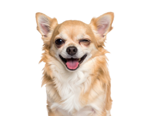 A playful Chihuahua winks and smiles, showcasing its charming personality and fluffy fur.
