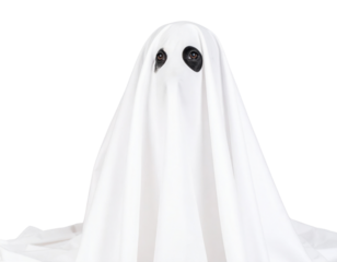 A playful ghost figure, draped in white, with animal-like eyes peeking out, creating a whimsical and humorous Halloween vibe.