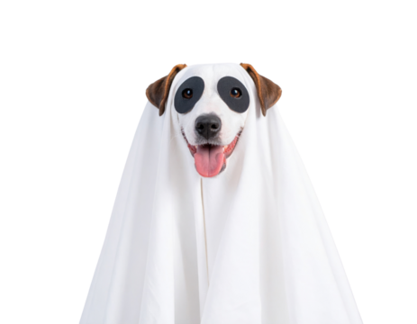 A playful dog wearing a white sheet and black spots, resembling a ghost or panda, with a joyful expression and tongue out.