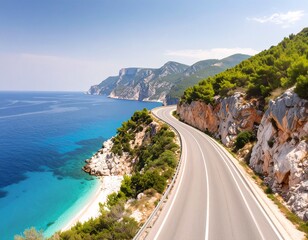 Generated image エメラルドブルーの海と険しい崖に沿って続く海岸道路の絶景。ドライブやロードトリップに最適な、美しい海と自然が広がる夏の風景