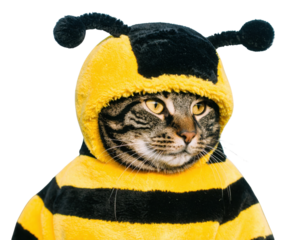 A cat dressed in a vibrant yellow and black bee costume, showcasing its playful and whimsical appearance.