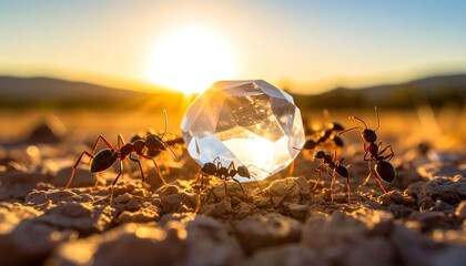 Ants carry crystal at sunset