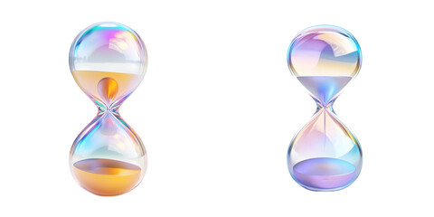 Stunning holographic 3D hourglass icon features captivating iridescent finish isolated on a transparent background