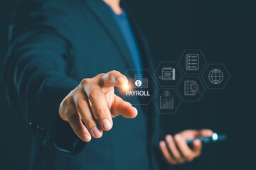 Payroll management and financial processing system. Businessman managing employee salary payments, scheduling, and efficient payroll operations with digital icons on screen.